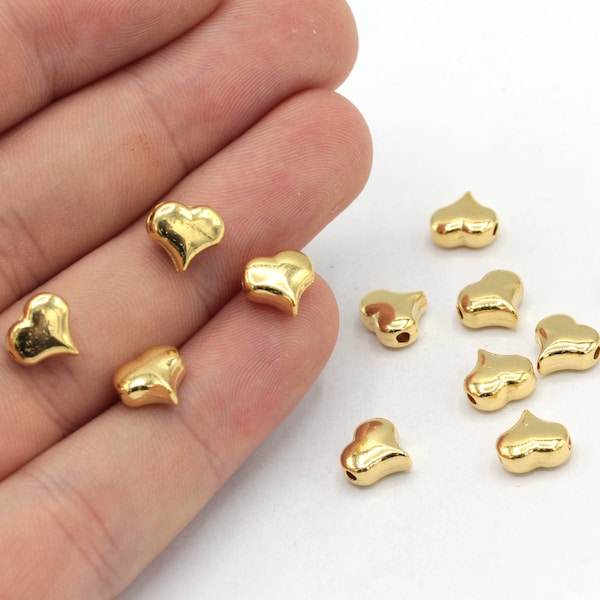 8mm 24k Shiny Gold Plated Heart Beads, Love Beads, Heart Spacer Beads, Heart Bracelet Charm, Gold Plated Findings, GD924