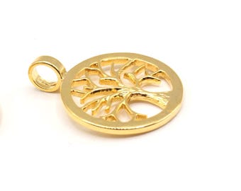 25x32mm 24k Shiny Gold Plated Life of Tree Charm, Gold Tree