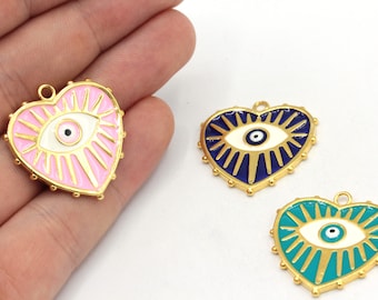 26mm 24k Shiny Gold Heart Charm, Heart Medallion Charm, Evil Eye Enamel Charm, Heart Evil Eye Charm, Gold Plated Findings, GD739