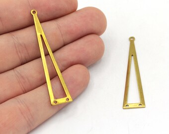 May include: Two gold-toned metal triangle pendant charms with a hole at the top and two holes at the bottom. The charms are open and have a geometric design.
