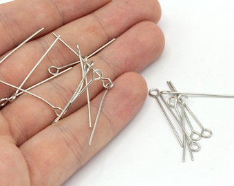 100 Pcs 20 Ga 30mm Silver Plated Eye Pin, Silver Plated Eye Pin, Eye Pins, Silver Plated Eye Pins, Jewelry Making, Silver Plated Findings
