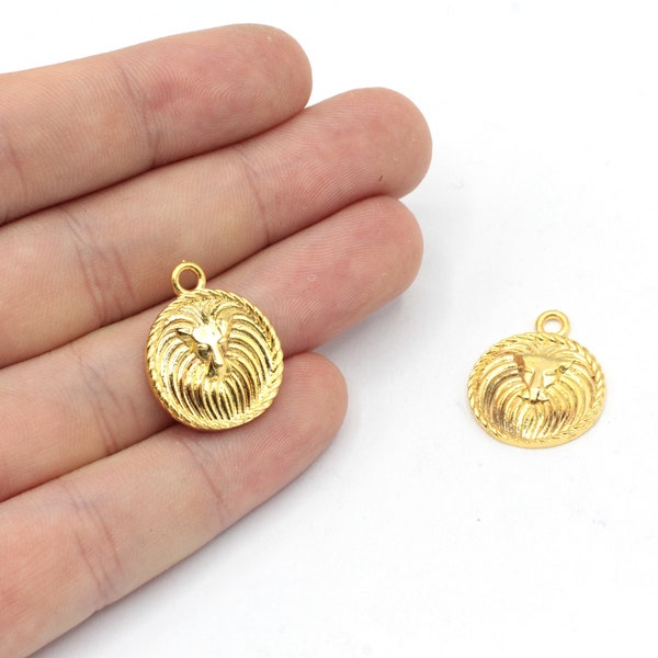 18x21mm 24k Shiny Gold Plated Lion Charm, Lion Head Pendant, Coin Lio Pendant, Gold Lion King Charm, Necklace Charm, Gold Plated Findings