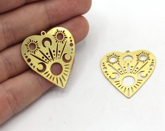 28x30mm Raw Brass Heart Charm, Celestial Charm,Brass Heart Earrings, Earring Pendant, Earring Findings, Brass Findings, MJ373