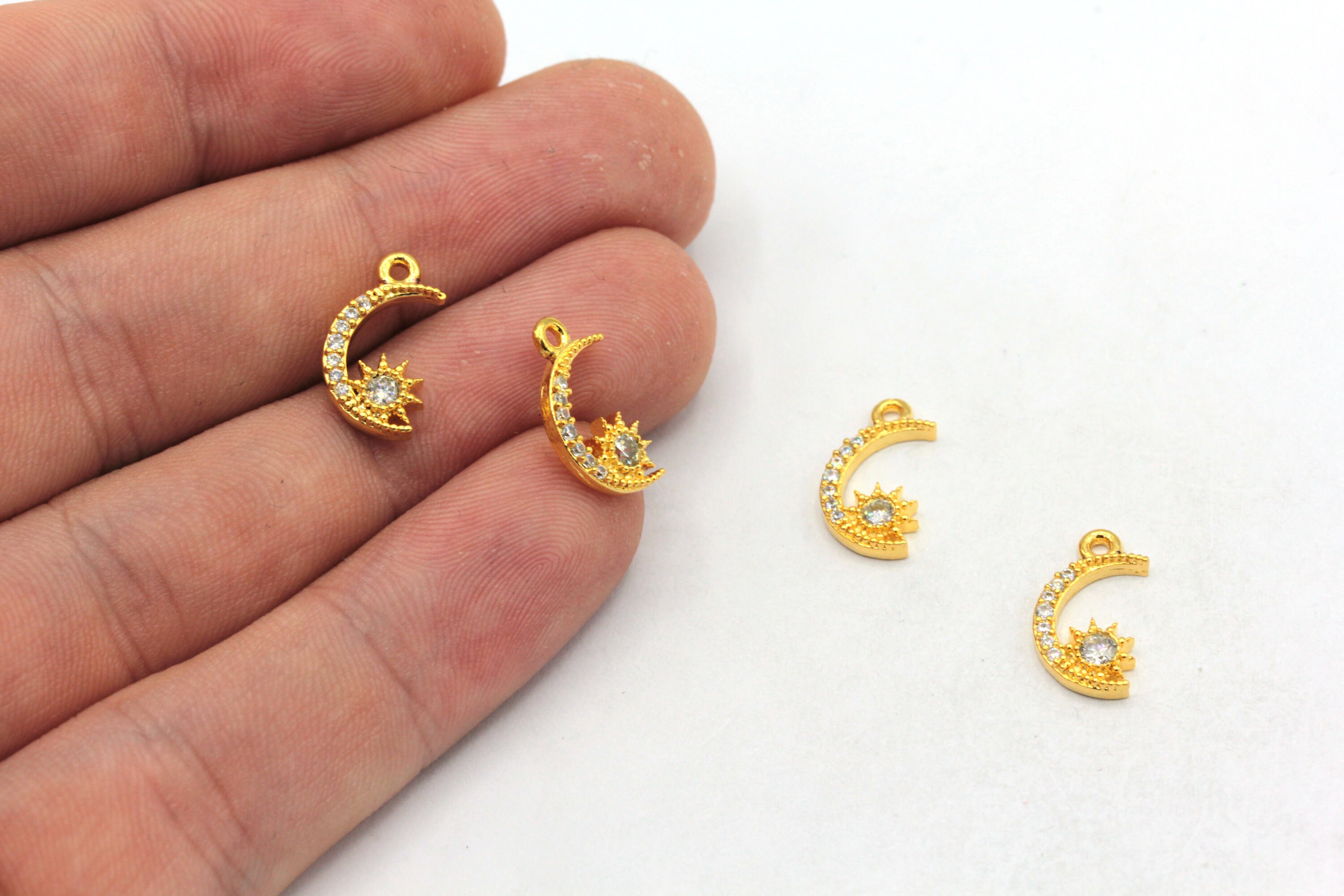 8x14mm Rose Gold Plated Moon With Sun Charm, CZ Micro Pave