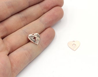 12x12mm Rose Gold Plated Heart Cross Charm, Cross Bracelet Charm, Tiny Cross Pendant, Religious Charms, Rose Gold Plated Findings, GD1021