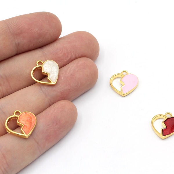 13mm 24k Shiny Gold Plated Broken Heart Charm, Red Enamel Heart Charm, Heart Bracelet, Love Charm, Half Heart Charm, Gold Plated Findings
