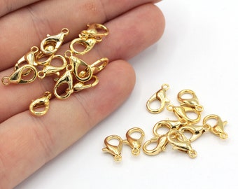 10 Pcs 12mm 24k Shiny Gold Lobster Clasps, Claw Clasps, Lobster Claw Clasps, Chain Connector, Jewelry Clasp, Gold Plated Findings, MJ013
