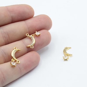 8x15mm 24k Shiny Gold CZ Micro Pave Moon with Star Charm, Gold Crescent Charm, Tiny Moon Star Charm, Zirconia Charms, Gold Plated Findings