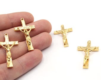 20x36mm 24k Shiny Gold Plated Jesus Cross Pendant, Cross Charm, Crucifix Pendant, Christian Pendant, Necklace Pendant, Gold Plated Findings