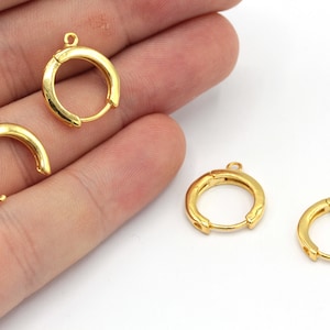 14mm 24k Shiny Gold Plated Huggie Earring, Round Hoop Earrings, Ear Hooks, Gold Leverback Earrrings, Gold Earring, EG009