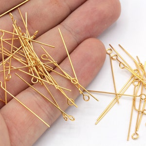 50 Pcs 23 Ga 30mm 24k Shiny Gold Plated Eye Pin, Gold Eye Pin, Eye Pins, Gold Eye Pins, Jewelry Making, Gold Plated Findings