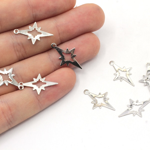 14x22mm Rhodium Plated North Star Charm, Tiny North Star Charm, North Star Beads, North Star Bracelet, Rhodium Plated Findings, BM472