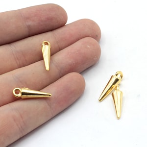 6x20mm 24k Shiny Gold Plated Spike Charm, Long Spike Pendant, Spike Cone Charm, Spike Earring Charm, Earring Findings, Gold Plated Findings