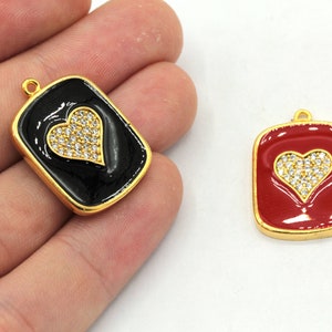 18x25mm 24k Shiny Gold Enamel Heart Charm, CZ Micro Pave Heart Charm, Zirconia Charms, Pave Love Charm, Gold Plated Findings, ZC439