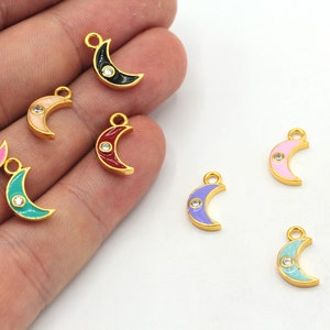 6x13mm 24k Shiny Gold Tiny Moon Charm, CZ Micro Pave Moon Charm, Zirconia Charms, Enamel Moon Beads, Gold Plated Findings, ZC508