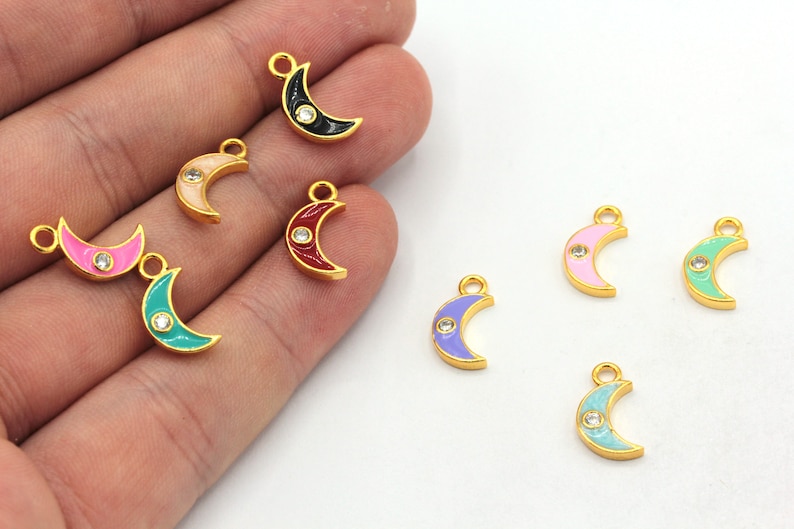6x13mm 24k Shiny Gold Tiny Moon Charm, CZ Micro Pave Moon Charm, Zirconia Charms, Enamel Moon Beads, Gold Plated Findings, ZC508 image 1