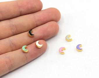 5x7mm 24k Shiny Gold Plated Enamel Moon Beads, Tiny Moon Beads, Enamel Beads, Bracelet Connector, Gold Plated Findings, GD1056