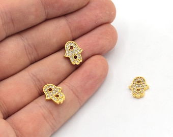 9x12mm 24k oro brillante Hamsa pulsera encanto, pulsera CZ Micro Pave Hamsa, conector de pulsera Pave, cuentas Hamsa, hallazgos chapados en oro, ZC065x