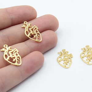 13x22mm Gold Plated Anatomical Heart Charm, Real Human Heart Pendant, Heart Necklace Pendant, Gold Bracelet Charm, Gold Plated Findings