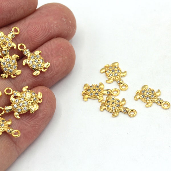 9x13mm 24k Shiny Gold Tiny Turtle Charm, CZ Micro Pave Turtle Charm, Sea Charm, Zirconia Charm, Turtle Earring, Gold Plated Findings, ZC287