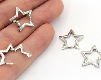 16mm Rhodium Plated Star Earring, Star Hoop Earrings, Star Huggie Earrings, Rhodium Leverback Earrrings, Earring Clasp, MJ324