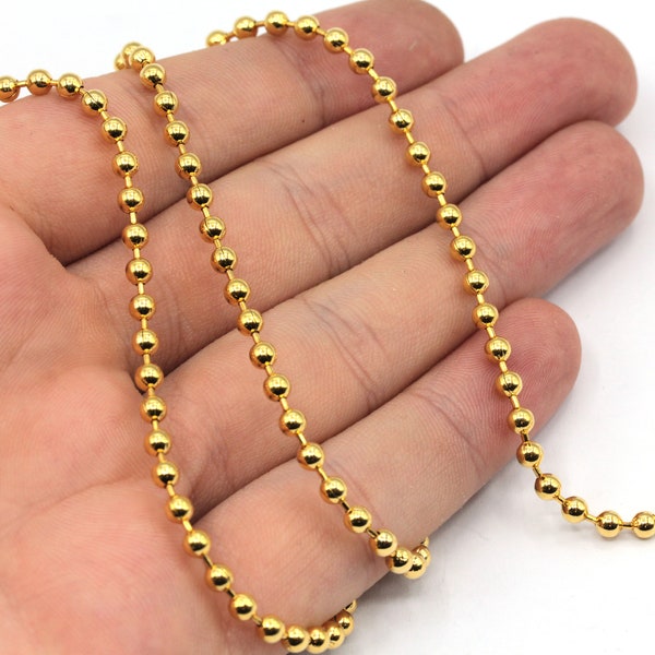 3mm 24k Shiny Gold Plated Ball Chain, Gold Ball Beaded Chain, Soldered Chain, Ball Bar Chain, Tiny Ball Chain, Gold Plated Chain, CN050