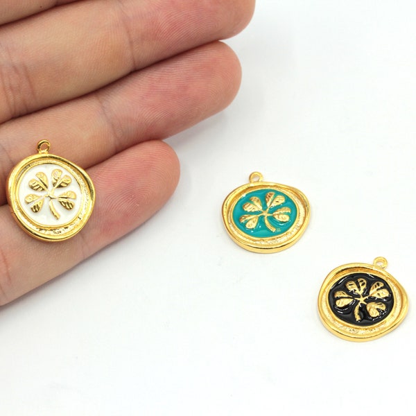 17x19mm 24k Shiny Gold Plated Enamel Clover Charm, Clover Medallion Charm, Gold Clover Charm, Good Luck Charms, Gold Plated Findings, GD155