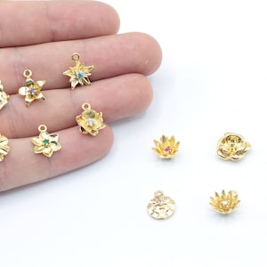 11x13mm 24k Shiny Gold Plated Tiny Birthflower with Birthstone Charm, Pave Birthflower Charm, Flower Birthstone Charm, Gold Plated Findings