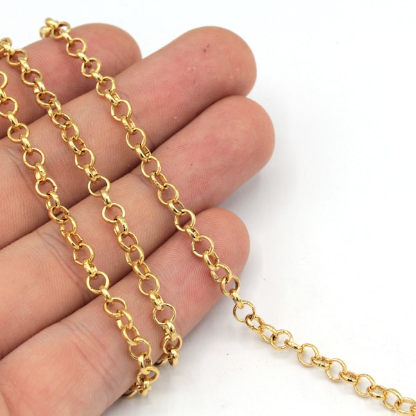 4mm 24k Shiny Gold Plated Tiny Rolo Chain, Gold Round Link Chain, Rolo Link Chain, Gold Rolo Chain, Bulk Chain, Gold Plated Chain, TM034