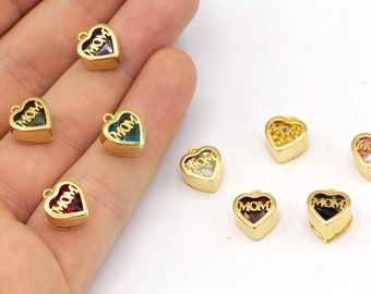 10mm 24k Shiny Gold Plated Heart Birthstone Mom Charm, Mother Charm, Mother Day Gift, Mom Word Charm, Gold Plated Findings, GD1055