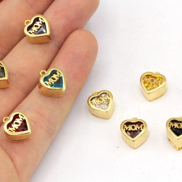 10mm 24k Shiny Gold Plated Heart Birthstone Mom Charm, Mother Charm, Mother Day Gift, Mom Word Charm, Gold Plated Findings, GD1055