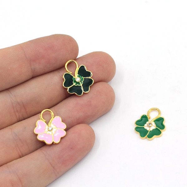 14x17mm 24k Shiny Gold Plated CZ Micro Pave Clover Charm, Enamel Clover Charm, Zirconia Charms, Tiny Clover , Gold Plated Findings, ZC540