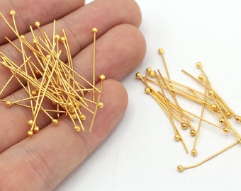 50 Pcs 23 Ga 30mm 24k Shiny Gold Plated Ball Head Pin, Gold Ball Head Pin, Head Pins, Gold Head Pins, Brass Ball Pin, Gold Plated Findings