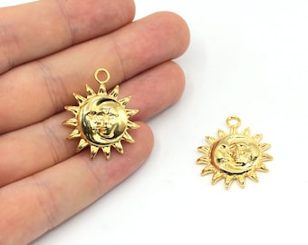 24x28mm 24k Shiny Gold Plated Moon with Sun Face Charm, Celestial Charm, Medallion Charm, Moon Sun Charm, Gold Plated Findings, GD280