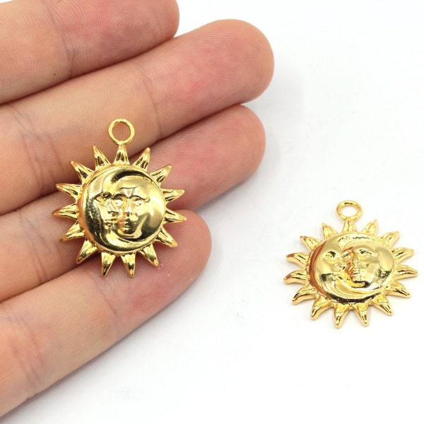 24x28mm 24k Shiny Gold Plated Moon with Sun Face Charm, Celestial Charm, Medallion Charm, Moon Sun Charm, Gold Plated Findings, GD280