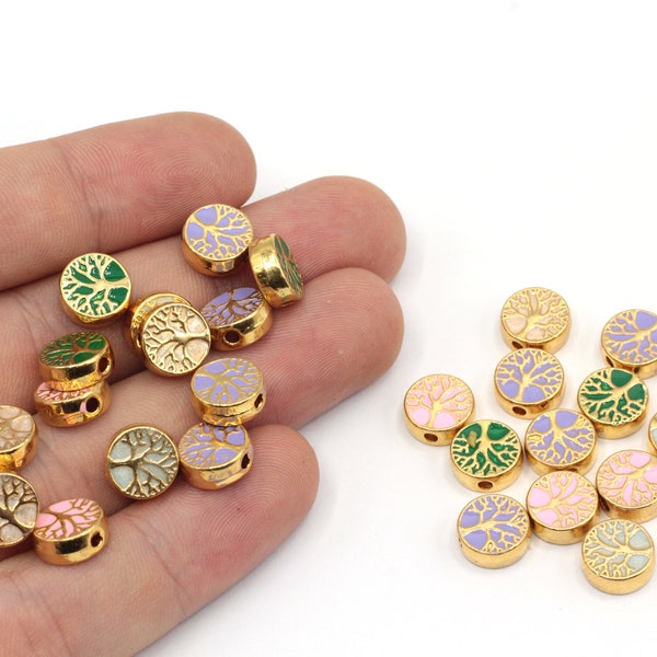 9mm 24k Shiny Gold Plated Enamel Tree of Life Beads, Flower of Life Spacer Beads, Bracelet Connector, Gold Plated Findings, GD1159