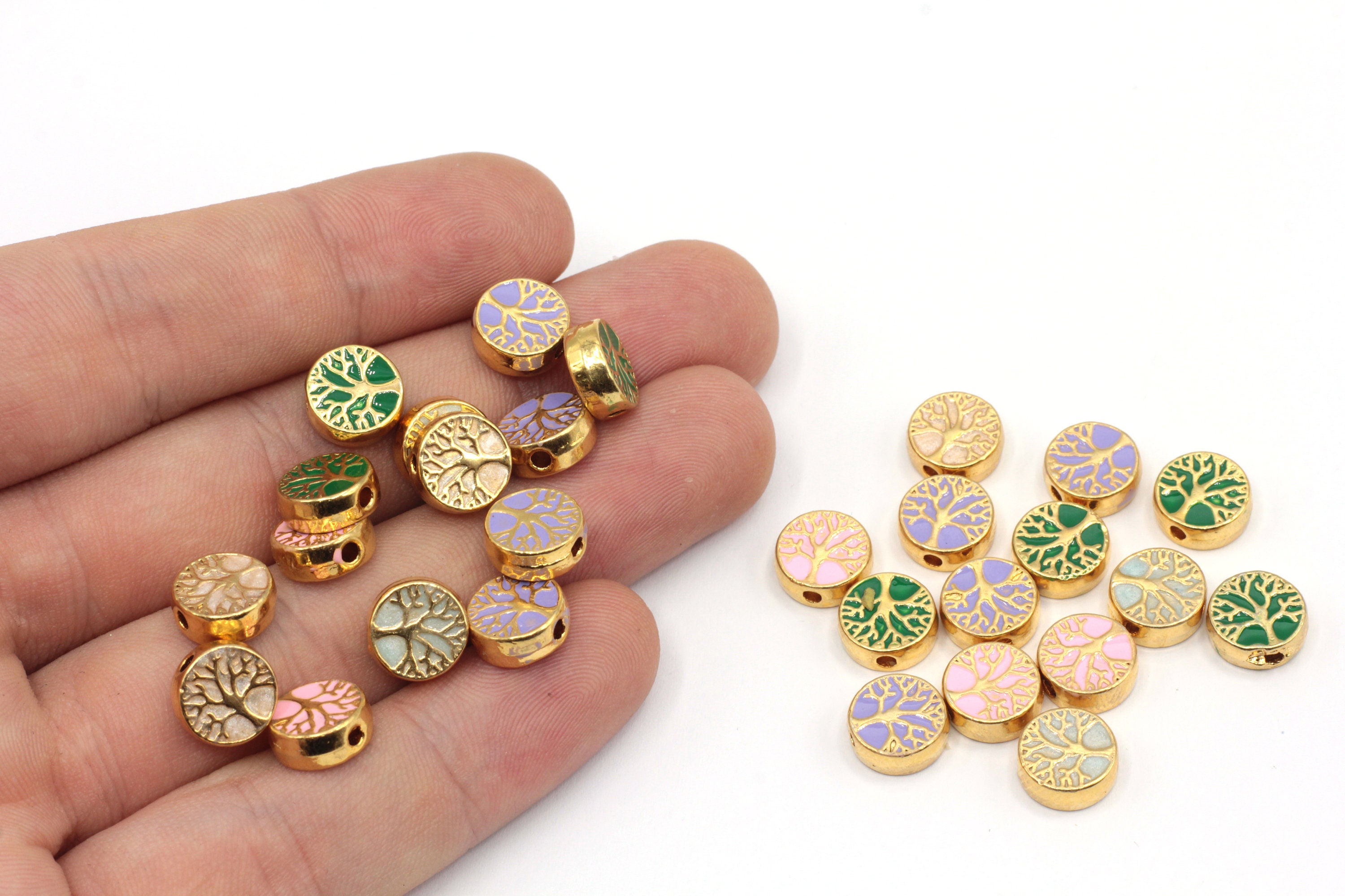 9mm 24k Shiny Gold Plated Enamel Tree of Life Beads, Flower of Life Spacer Beads, Bracelet Connector, Gold Plated Findings, GD1159