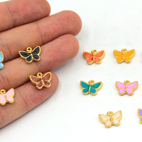 10 x 13 mm 24k Ouro Brilhante Berloque Borboleta, Berloque Borboleta Esmaltado, Mini Berloque Borboleta, Pingente Animal, Achados Banhados a Ouro, GD165