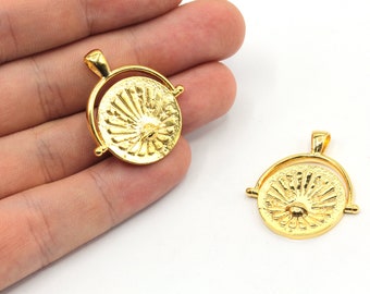 27 x 30 mm 24k glänsande guldpläterad medaljongsolberlock, guldfärgad Saturnushänge, himmelskt hänge, medaljongberlocker, guldpläterade detaljer, GD183