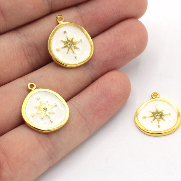 17x19mm 24k Shiny Gold Compass Charm, CZ Micro Pave Compass Charm,  Enamel Compass Charm, Micro Pave Charm, Gold Plated Findings, GD015