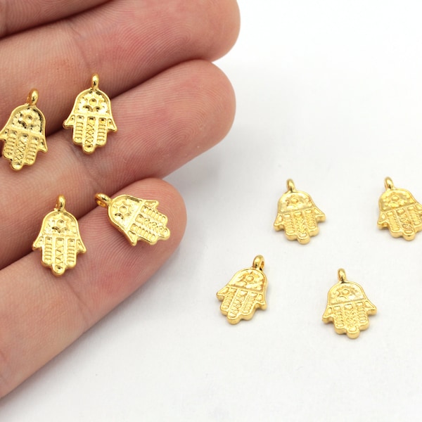9x13mm 24k Shiny Gold Mini Hamsa Charm, Gold Hand Beads, Mini Gold Charm, Hamsa Bracelet Charm, Gold Plated Findings, MT010