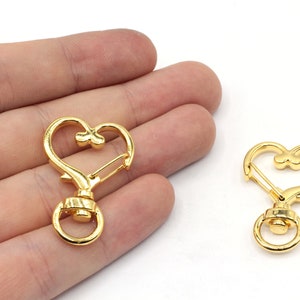 18x41mm 24k Shiny Gold Plated Heart Swivel Clasp, Lobster Clasp, Lanyard Clasps, Snap Hooks, Strap Hooks, Hook Bag Clasp, Heart Key Chain image 1