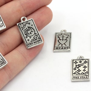 14 x 24 mm Rhodium Plated Tarot Karten Charm, Tarot Karten Anhänger, Tarot Halskette, Tarot Deck Charm, Sonne, Mond, Herz, Welt, Stern, GD1003