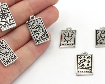 14x24mm Rhodium Plated Tarot Card Charm, Tarot Card Pendant, Tarot Necklace, Tarot Deck Charm, Sun, Moon, Heart, World, Star, GD1003
