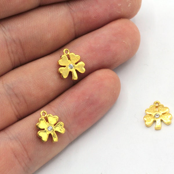 9x11mm 24k Shiny Gold Clover Charm, CZ Micro Pave Clover Charm, Zirconia Charm, Good Luck, Clover Earring Charm, Gold Plated Findings, ZC400