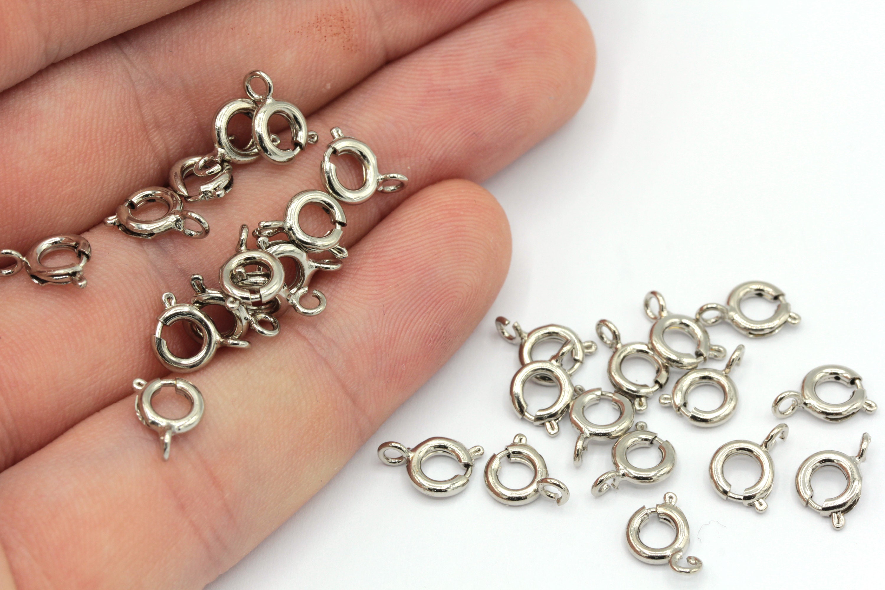 10 Pcs 6mm Rhodium Plated Spring Clasps, Round Clasp, Spring Ring, Open ...