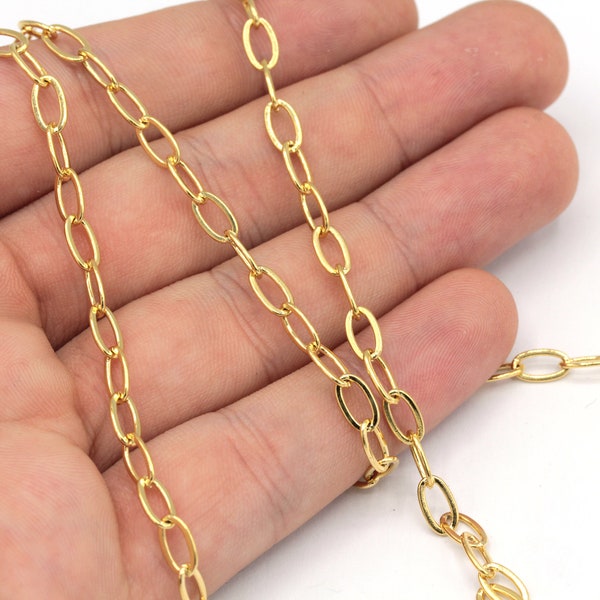 4x7mm 24k Shiny Gold Plated Paperclip Chain, Oval Link Chain, Cable Chain, Soldered Chain, Rectangular Chain, Gold Plated Chain, TM031