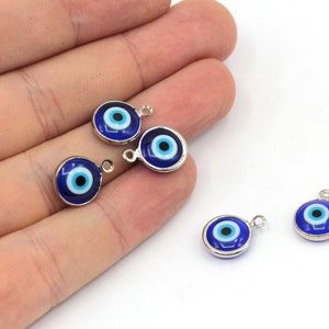 5 Pcs 10x14mm Rhodium Plated Evil Eye Charm, Glass Evil Eye Charm, Tiny Evil Eye Charm, Evil Eye Beads, Rhodium Plated Findings, GD098-1