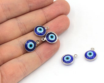 5 Pcs 10x14mm Rhodium Plated Evil Eye Charm, Glass Evil Eye Charm, Tiny Evil Eye Charm, Evil Eye Beads, Rhodium Plated Findings, GD098-1