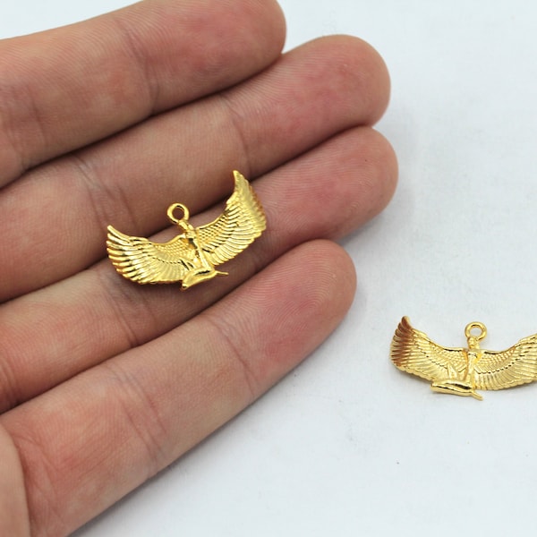 12x24mm 24k Shiny Gold Goddess Isis Charm, Winged Egyptian Charm, Ancient Egyptian Charm, Isis Bracelet Charm , Gold Plated Findings, GD1004